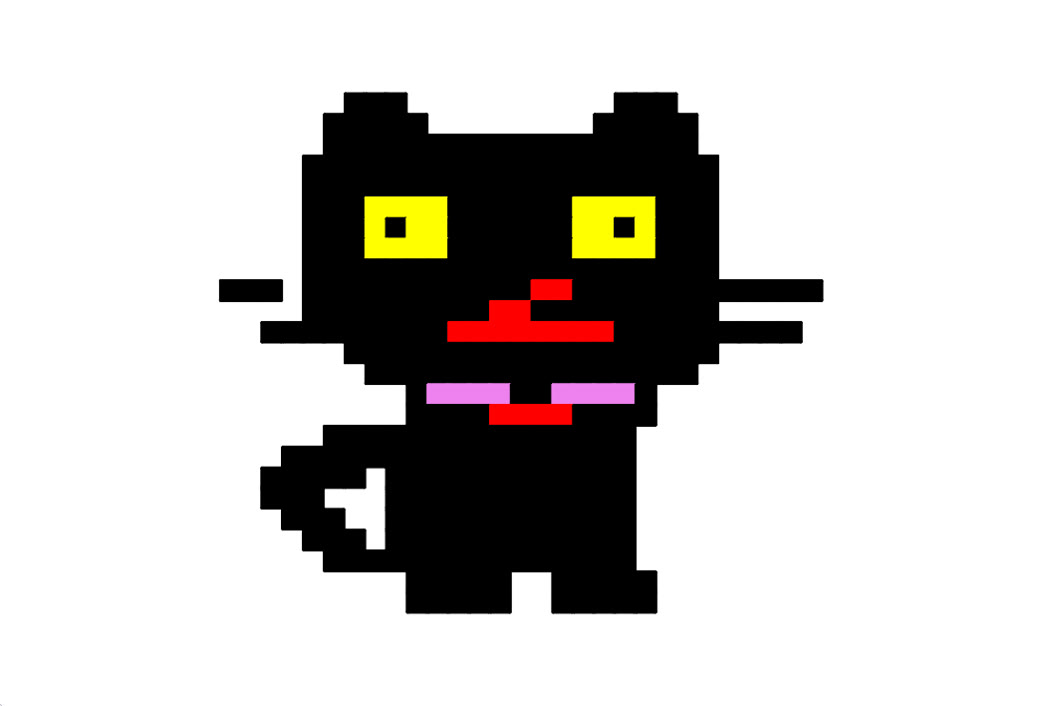 A pixel-art black cat with yellow eyes, whiskers, a pink collar and a curled tail, drawn by Python turtle.