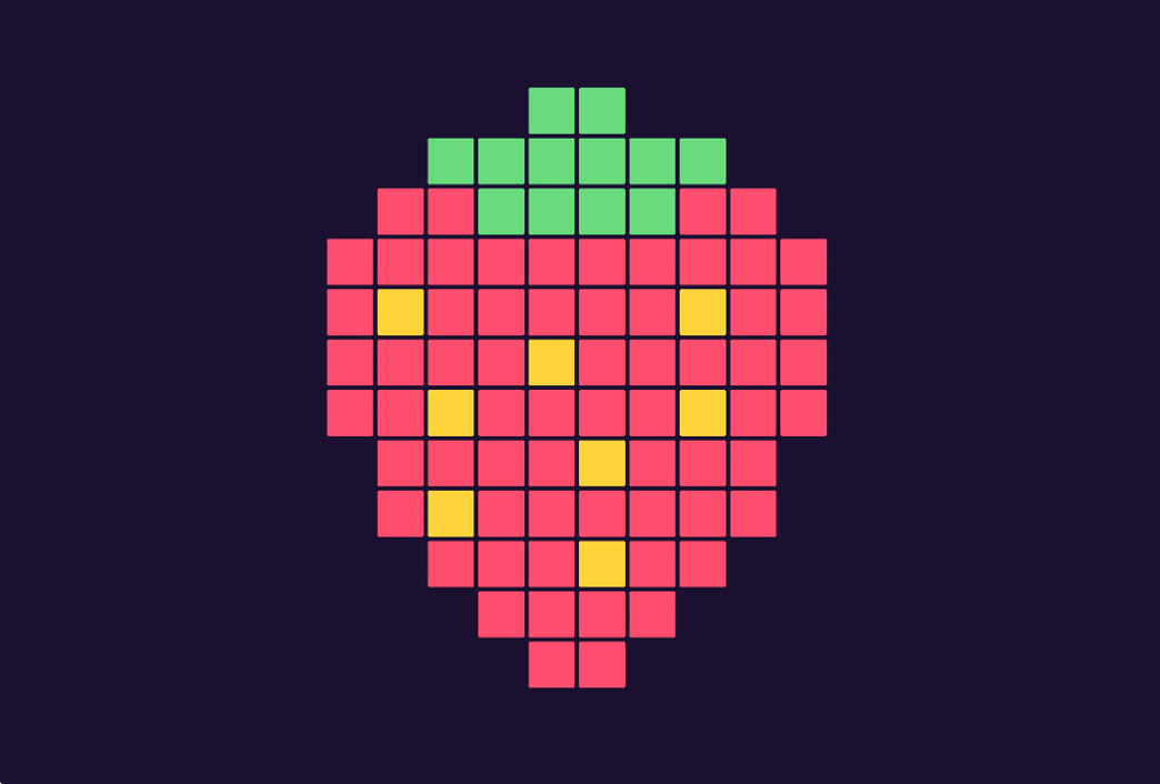 A pixel-art strawberry with green leaves and yellow seeds, drawn by Python turtle.